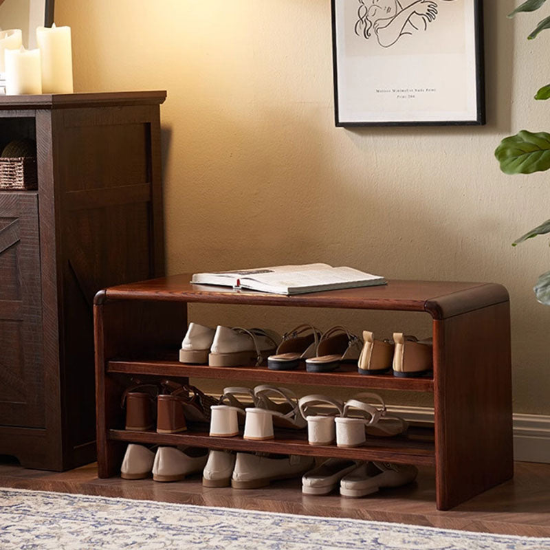 Solid Ash Wood Scratch-Resistant &amp; Wide Seat Shoe Bench - Chinese 2-Tier Open Shelves Storage &amp; Raised Bottom, No Assembly Required For Entryway