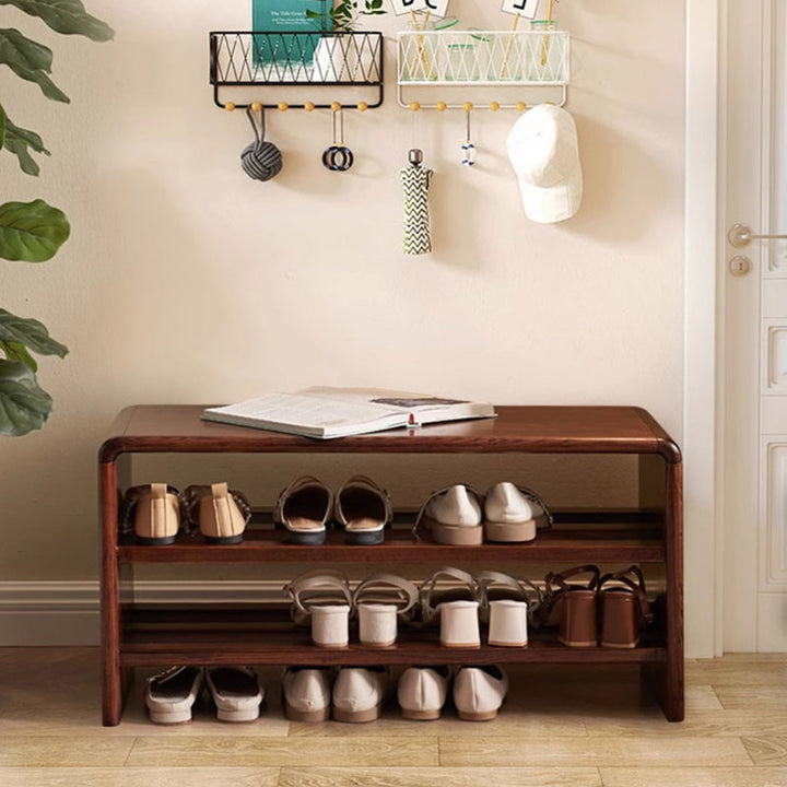 Solid Ash Wood Scratch-Resistant & Wide Seat Shoe Bench - Chinese 2-Tier Open Shelves Storage & Raised Bottom, No Assembly Required For Entryway