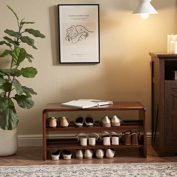 Solid Ash Wood Scratch-Resistant &amp; Wide Seat Shoe Bench - Chinese 2-Tier Open Shelves Storage &amp; Raised Bottom, No Assembly Required For Entryway