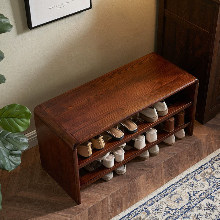 Solid Ash Wood Scratch-Resistant &amp; Wide Seat Shoe Bench - Chinese 2-Tier Open Shelves Storage &amp; Raised Bottom, No Assembly Required For Entryway