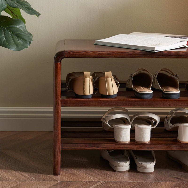 Solid Ash Wood Scratch-Resistant &amp; Wide Seat Shoe Bench - Chinese 2-Tier Open Shelves Storage &amp; Raised Bottom, No Assembly Required For Entryway