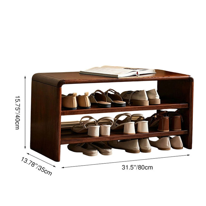 Solid Ash Wood Scratch-Resistant &amp; Wide Seat Shoe Bench - Chinese 2-Tier Open Shelves Storage &amp; Raised Bottom, No Assembly Required For Entryway