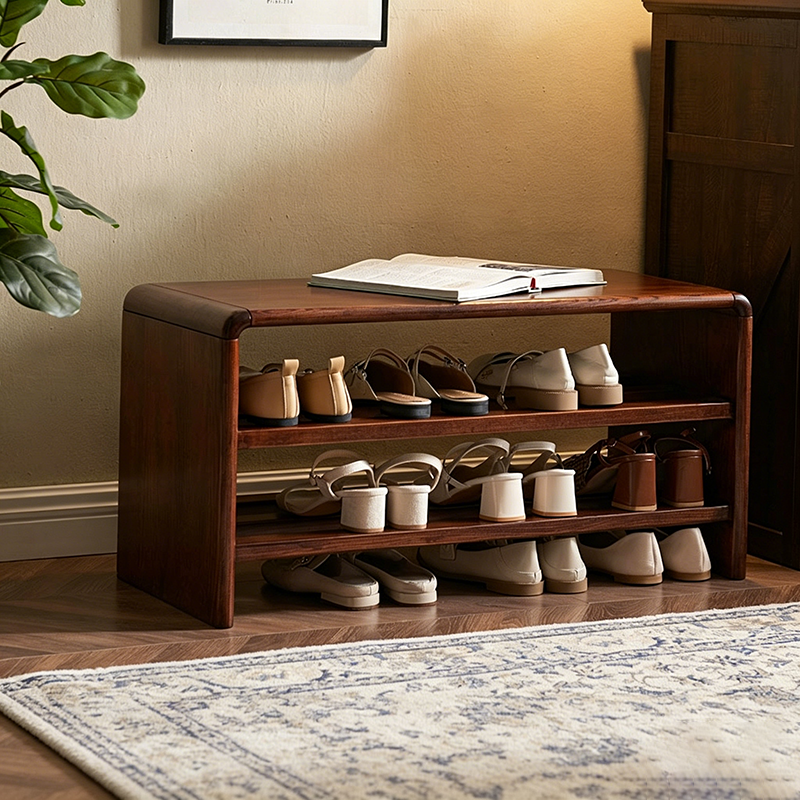 Solid Ash Wood Scratch-Resistant &amp; Wide Seat Shoe Bench - Chinese 2-Tier Open Shelves Storage &amp; Raised Bottom, No Assembly Required For Entryway