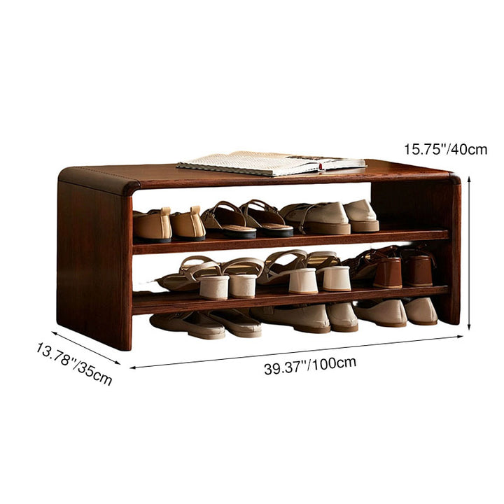 Solid Ash Wood Scratch-Resistant &amp; Wide Seat Shoe Bench - Chinese 2-Tier Open Shelves Storage &amp; Raised Bottom, No Assembly Required For Entryway