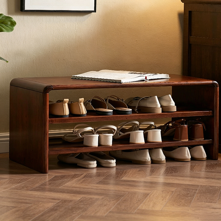 Solid Ash Wood Scratch-Resistant & Wide Seat Shoe Bench - Chinese 2-Tier Open Shelves Storage & Raised Bottom, No Assembly Required For Entryway
