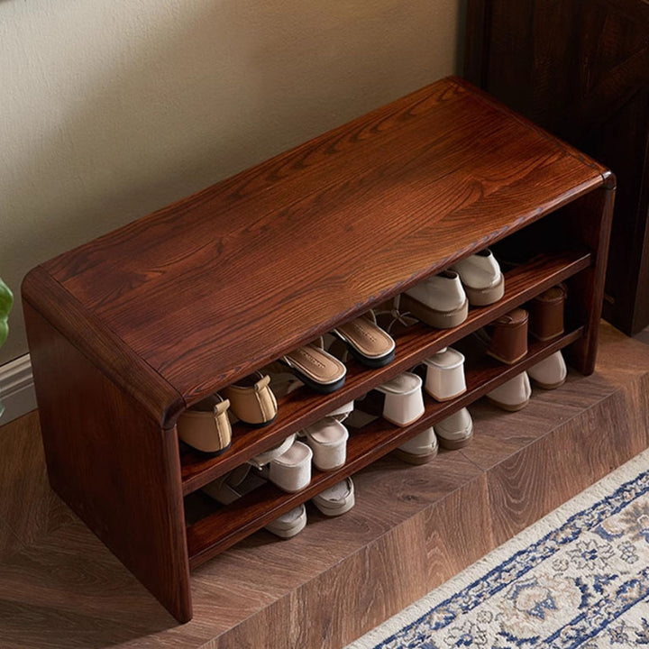 Solid Ash Wood Scratch-Resistant &amp; Wide Seat Shoe Bench - Chinese 2-Tier Open Shelves Storage &amp; Raised Bottom, No Assembly Required For Entryway