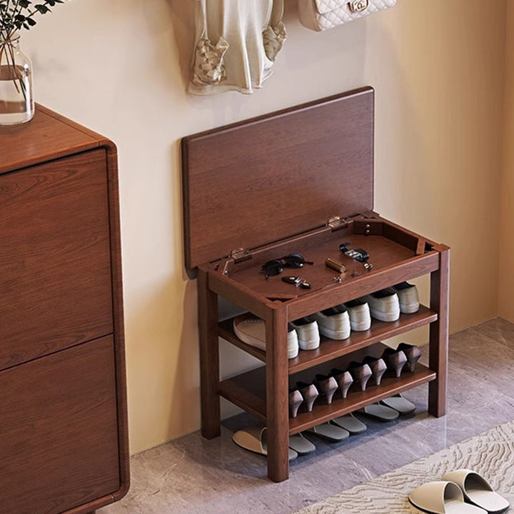Ash Wood & Rubberwood Flip Top Storage Shoe Bench - Chinese Shoe Rack, Sturdy Thick Legs, Multifunctional Shoe Seat For Small Space For Entryway