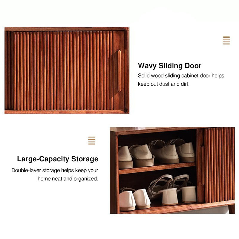 Solid Ash Wood Sliding Door Storage Cabinet Shoe Bench - Chinese Shoe Rack Bench, 2-Tier Large Capacity Wooden Shoe Organizer For Entryway