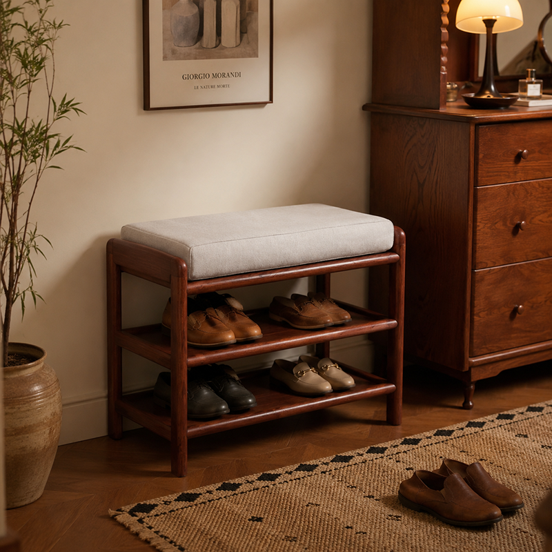 Soft Cushion Seat, 2-Tier Open Shoe Rack Shoe Bench - Chinese Solid Ash Wood Hallway Bench For Changing Shoes, Space-Saving Home Furniture For Entryway