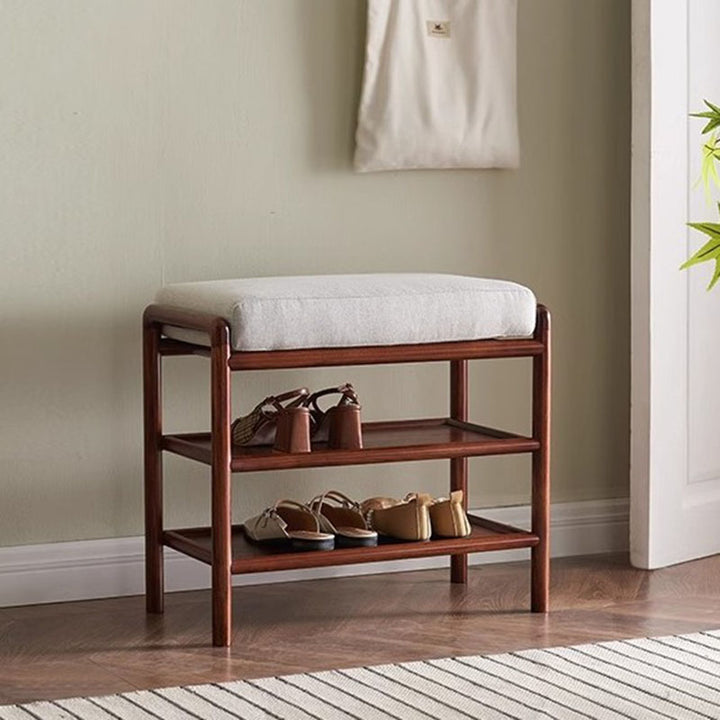 Soft Cushion Seat, 2-Tier Open Shoe Rack Shoe Bench - Chinese Solid Ash Wood Hallway Bench For Changing Shoes, Space-Saving Home Furniture For Entryway