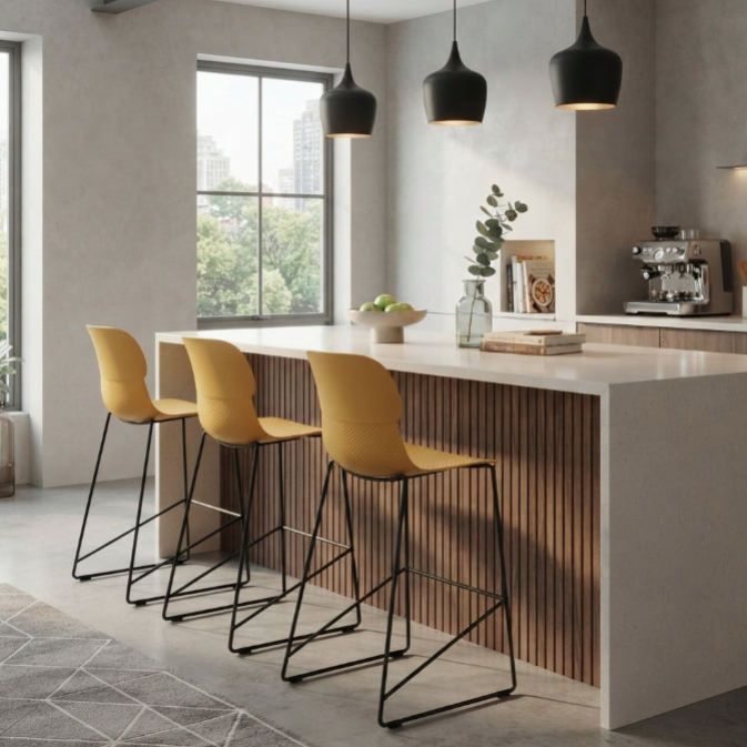 Ergonomic Curved Backrest PP Bar Stool - Minimalist Stool With Steel Frame, Footrest &amp; Modern Design For Dining Room