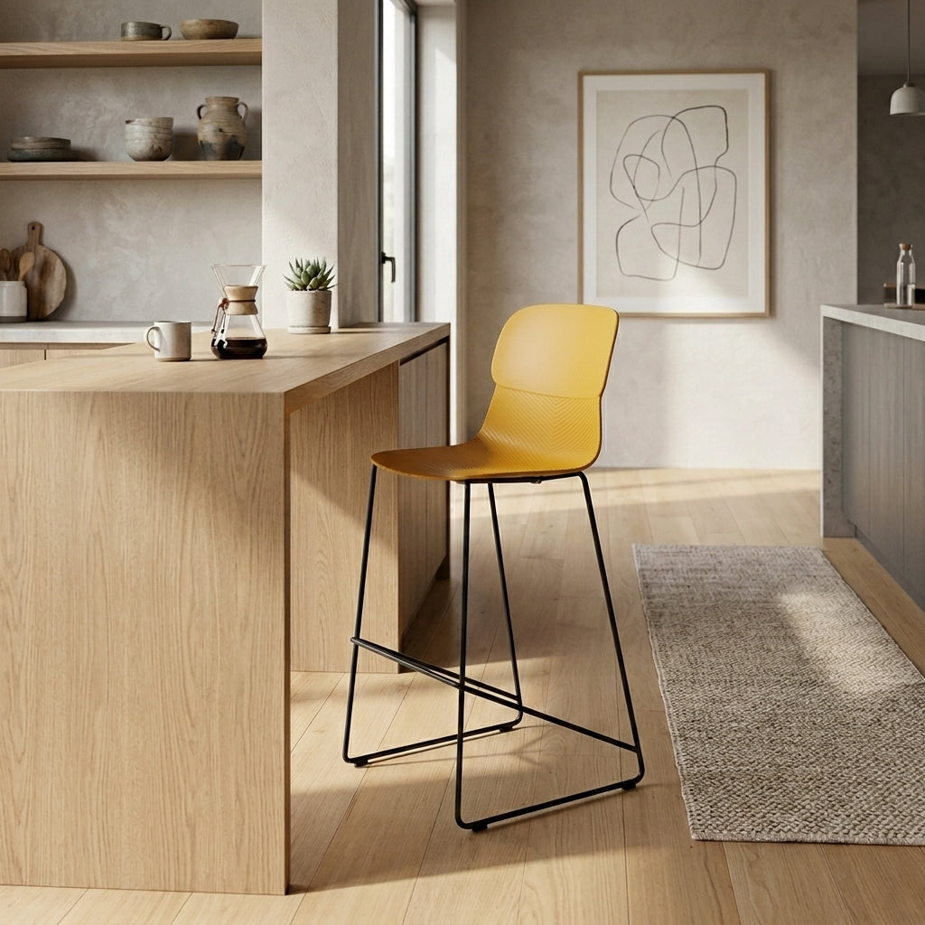 Ergonomic Curved Backrest PP Bar Stool - Minimalist Stool With Steel Frame, Footrest &amp; Modern Design For Dining Room