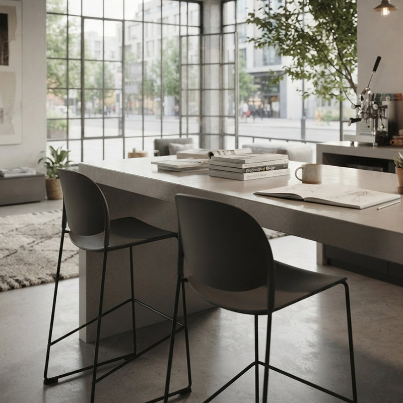 Modern Gray PP With Durable Steel Frame Bar Stool - Minimalist Design Dining Chair, Easy-Care Backrest, Stable Everyday Seating For Kitchen, Dining Room, Home Office &amp; Commercial Spaces