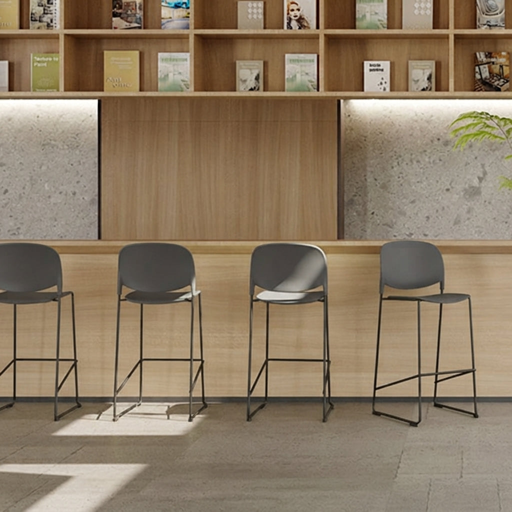Modern Gray PP With Durable Steel Frame Bar Stool - Minimalist Design Dining Chair, Easy-Care Backrest, Stable Everyday Seating For Kitchen, Dining Room, Home Office &amp; Commercial Spaces