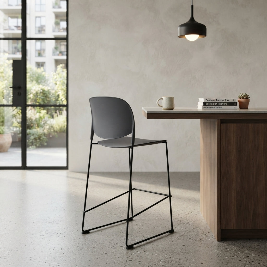 Modern Gray PP With Durable Steel Frame Bar Stool - Minimalist Design Dining Chair, Easy-Care Backrest, Stable Everyday Seating For Kitchen, Dining Room, Home Office &amp; Commercial Spaces