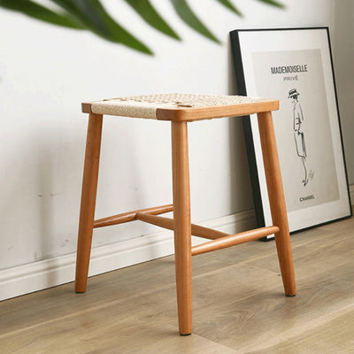 Zeitgenössischer Retro-Kirschholz-Eichen-Walnuss-Kordel-Vanity-Hocker ohne Rückenlehne für das Schlafzimmer 