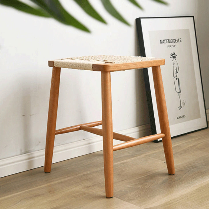 Zeitgenössischer Retro-Kirschholz-Eichen-Walnuss-Kordel-Vanity-Hocker ohne Rückenlehne für das Schlafzimmer 