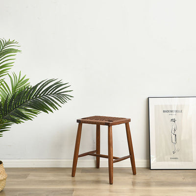 Zeitgenössischer Retro-Kirschholz-Eichen-Walnuss-Kordel-Vanity-Hocker ohne Rückenlehne für das Schlafzimmer 
