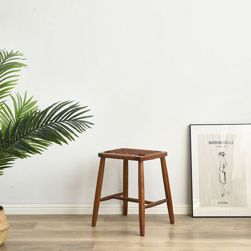 Zeitgenössischer Retro-Kirschholz-Eichen-Walnuss-Kordel-Vanity-Hocker ohne Rückenlehne für das Schlafzimmer 