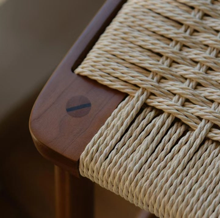 Zeitgenössischer Retro-Kirschholz-Eichen-Walnuss-Kordel-Vanity-Hocker ohne Rückenlehne für das Schlafzimmer 