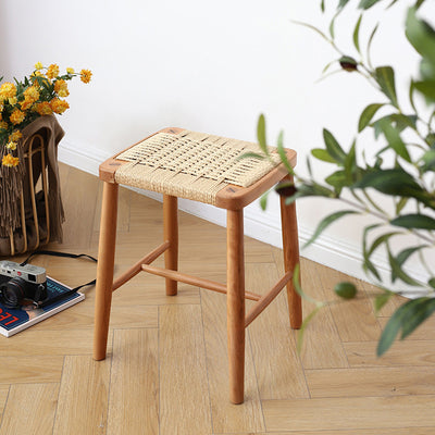Zeitgenössischer Retro-Kirschholz-Eichen-Walnuss-Kordel-Vanity-Hocker ohne Rückenlehne für das Schlafzimmer 