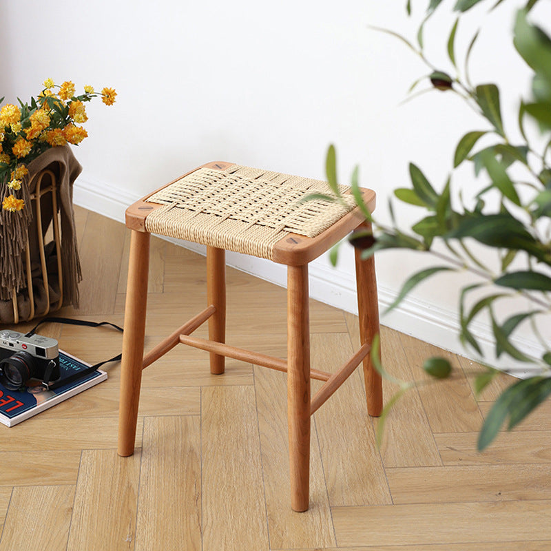 Zeitgenössischer Retro-Kirschholz-Eichen-Walnuss-Kordel-Vanity-Hocker ohne Rückenlehne für das Schlafzimmer 