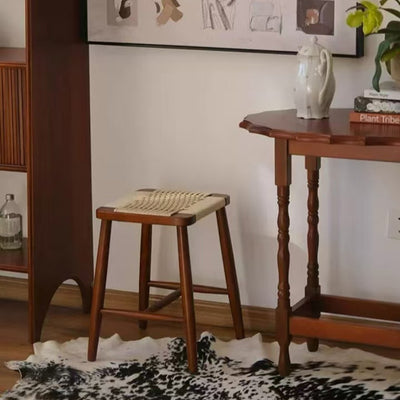 Zeitgenössischer Retro-Kirschholz-Eichen-Walnuss-Kordel-Vanity-Hocker ohne Rückenlehne für das Schlafzimmer 