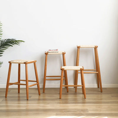 Zeitgenössischer Retro-Kirschholz-Eichen-Walnuss-Kordel-Vanity-Hocker ohne Rückenlehne für das Schlafzimmer 