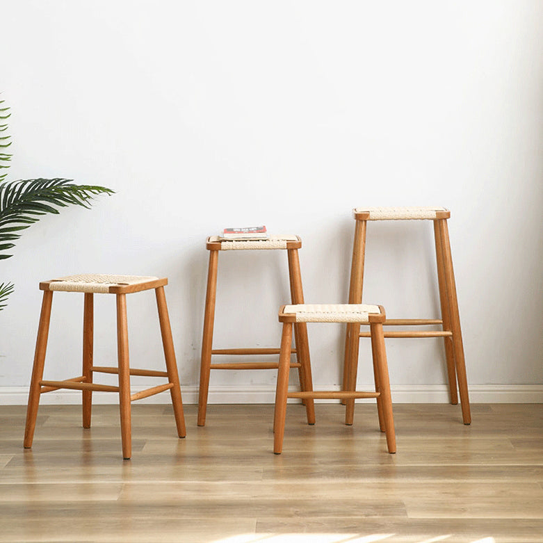 Zeitgenössischer Retro-Kirschholz-Eichen-Walnuss-Kordel-Vanity-Hocker ohne Rückenlehne für das Schlafzimmer 
