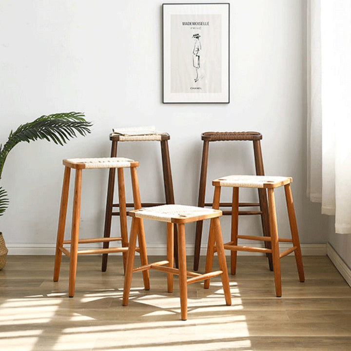 Tabouret de vanité carré sans dossier en bois de cerisier rétro contemporain en chêne et noyer pour chambre 