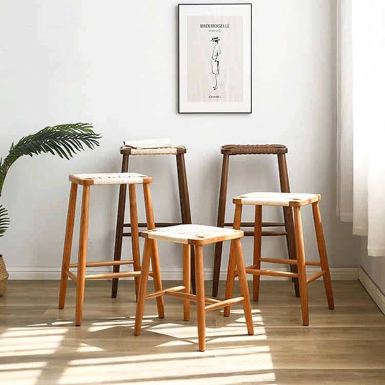 Zeitgenössischer Retro-Kirschholz-Eichen-Walnuss-Kordel-Vanity-Hocker ohne Rückenlehne für das Schlafzimmer 