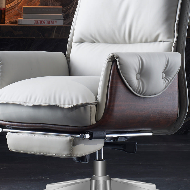 Modern Luxury Leather Wood & Aluminum Rectangular Back Desk Chair With Footrest & Wheels For Study & Home Office