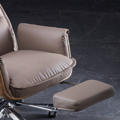 Modern Luxury Leather Wood & Aluminum Rectangular Back Desk Chair With Footrest & Wheels For Study & Home Office