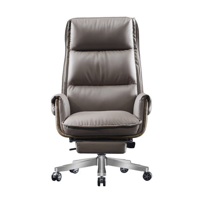 Modern Luxury Leather Wood & Aluminum Rectangular Back Desk Chair With Footrest & Wheels For Study & Home Office