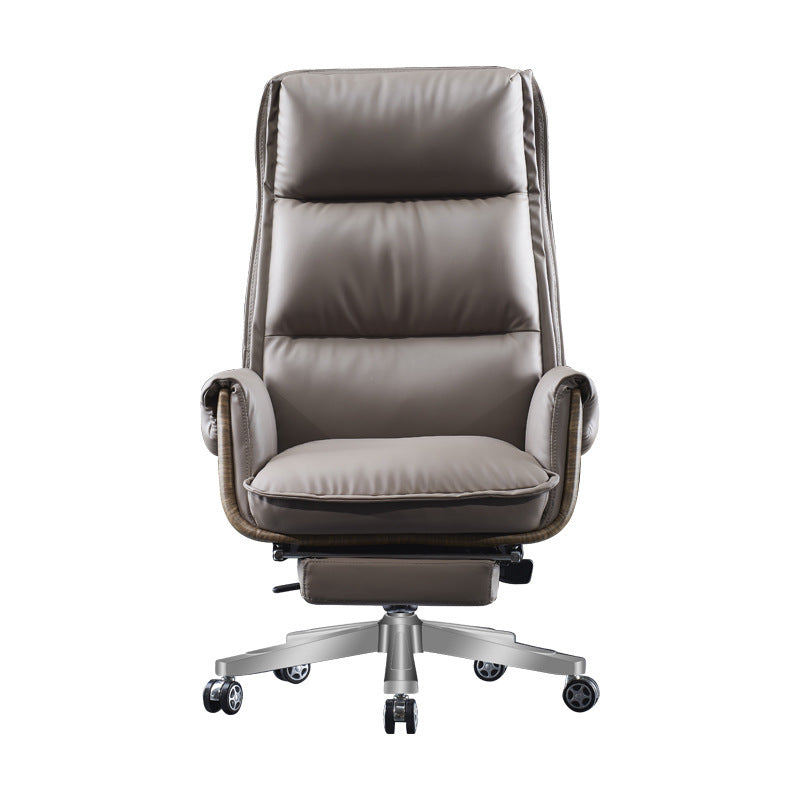 Modern Luxury Leather Wood & Aluminum Rectangular Back Desk Chair With Footrest & Wheels For Study & Home Office