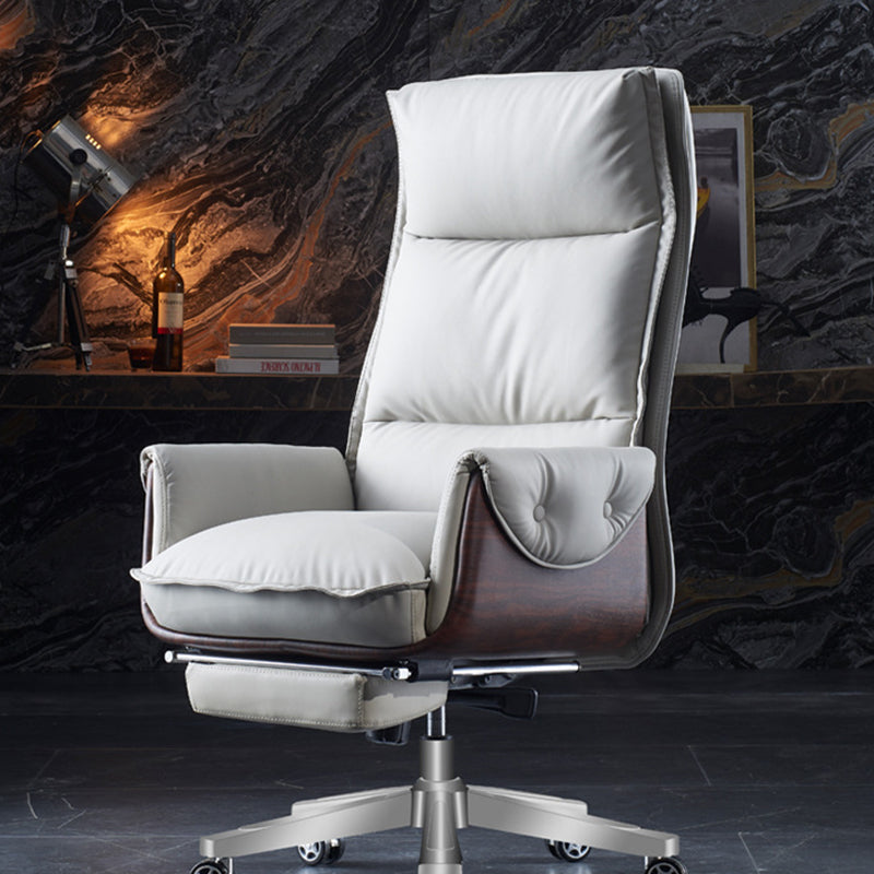 Modern Luxury Leather Wood & Aluminum Rectangular Back Desk Chair With Footrest & Wheels For Study & Home Office