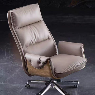 Modern Luxury Leather Wood & Aluminum Rectangular Back Desk Chair With Footrest & Wheels For Study & Home Office