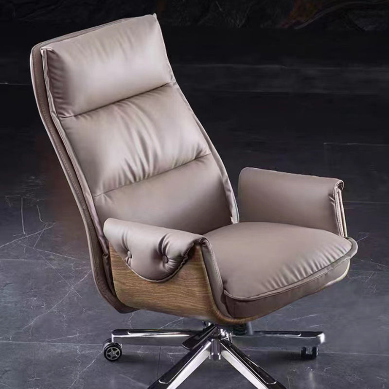 Modern Luxury Leather Wood & Aluminum Rectangular Back Desk Chair With Footrest & Wheels For Study & Home Office