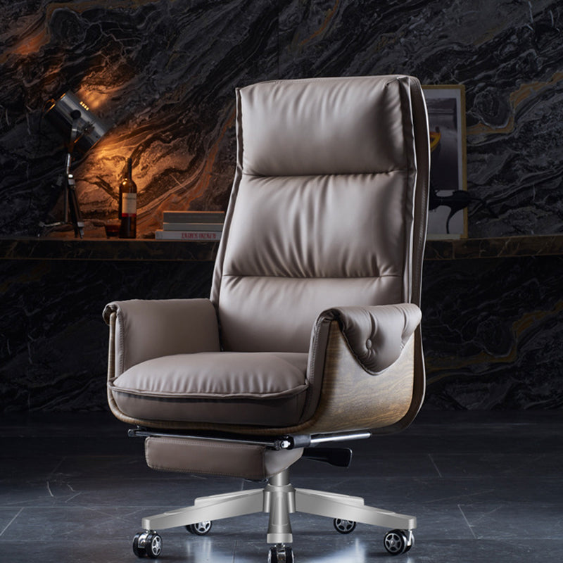 Modern Luxury Leather Wood & Aluminum Rectangular Back Desk Chair With Footrest & Wheels For Study & Home Office