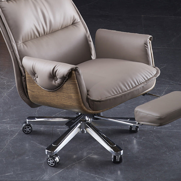 Modern Luxury Leather Wood & Aluminum Rectangular Back Desk Chair With Footrest & Wheels For Study & Home Office