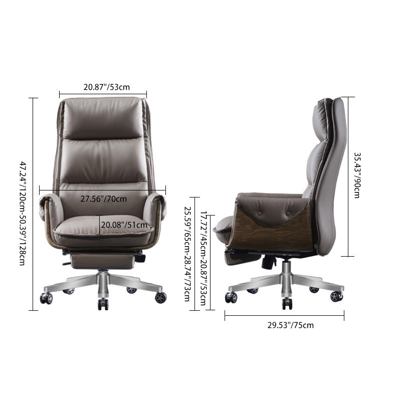 Modern Luxury Leather Wood & Aluminum Rectangular Back Desk Chair With Footrest & Wheels For Study & Home Office