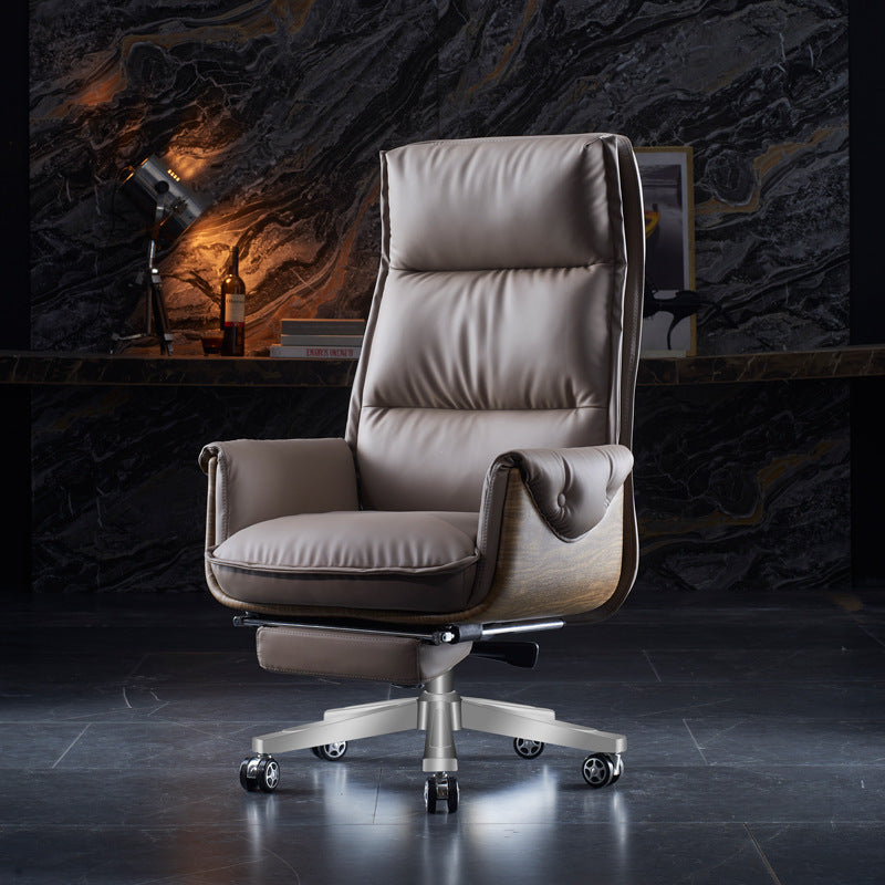 Modern Luxury Leather Wood & Aluminum Rectangular Back Desk Chair With Footrest & Wheels For Study & Home Office