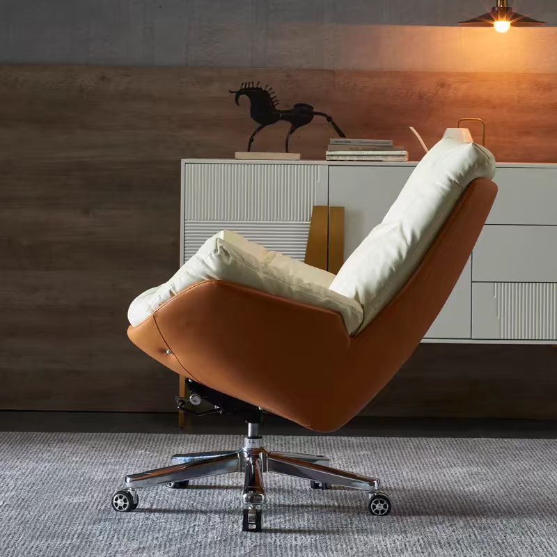 Modern Minimalist Leather Square Seat Desk Chair With Armrest & Reclining Backrest For Home Office Or Study