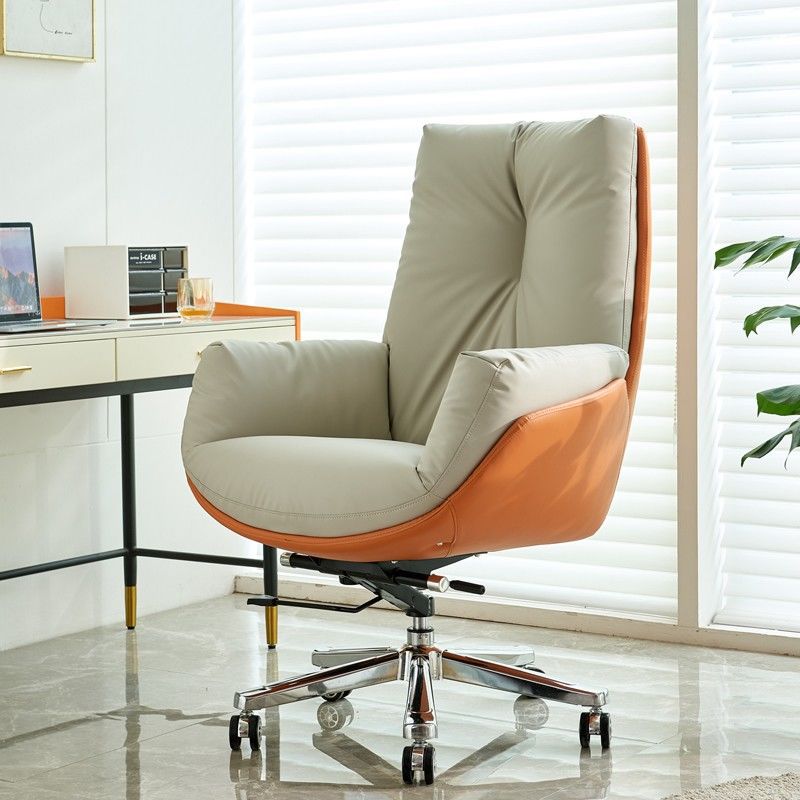 Modern Minimalist Leather Square Seat Desk Chair With Armrest & Reclining Backrest For Home Office Or Study