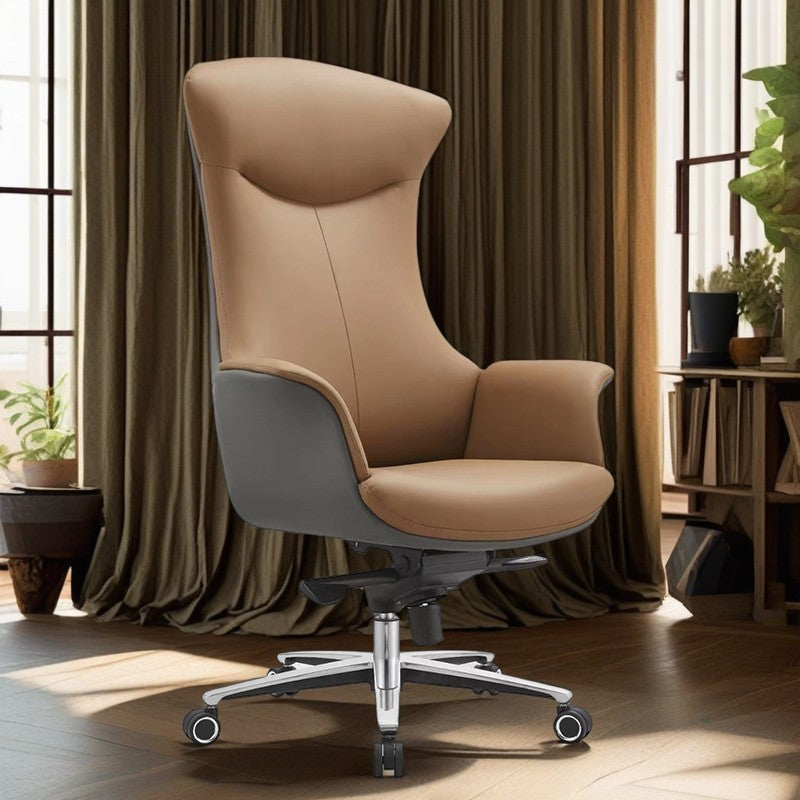 Modern Minimalist Leather Metal Shell-Back Ergonomic Desk Chair With Armrests & Reclining For Home Office Or Study
