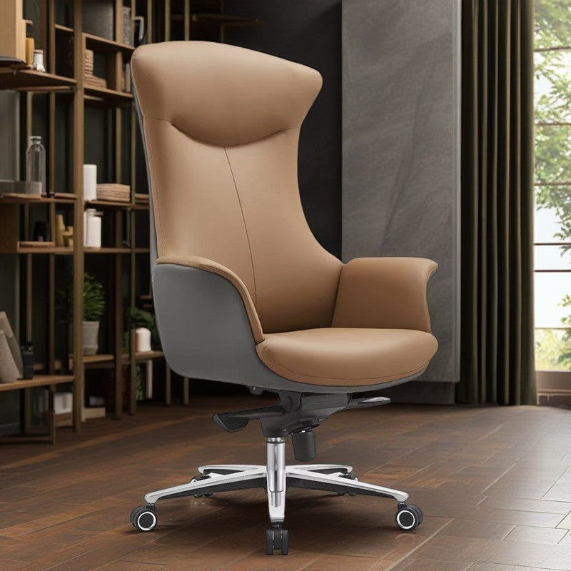 Moderner minimalistischer Bürostuhl mit Silikonleder und Vollnarben-Rindsleder, Aluminiumlegierung und Metallrückenschale, ergonomisch, mit Armlehnen und verstellbarer Rückenlehne für Homeoffice oder Arbeitszimmer 