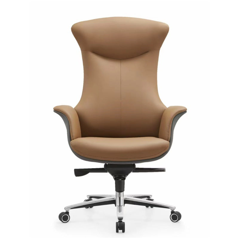Modern Minimalist Leather Metal Shell-Back Ergonomic Desk Chair With Armrests & Reclining For Home Office Or Study