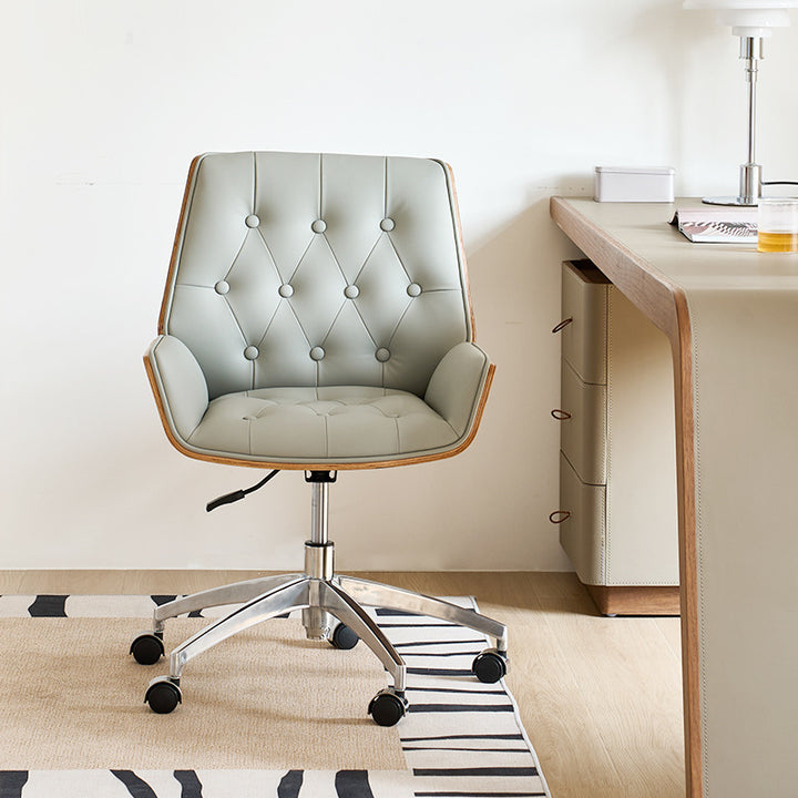 Silla de escritorio cuadrada contemporánea nórdica giratoria de microfibra y cuero genuino con contrachapado y acero, con reposabrazos y respaldo, para oficina en casa o estudio 