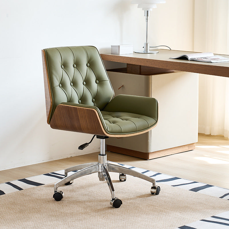 Contemporary Nordic Swivel Leather Wood Steel Square Desk Chair With Armrest And Backrest For Home Office Or Study