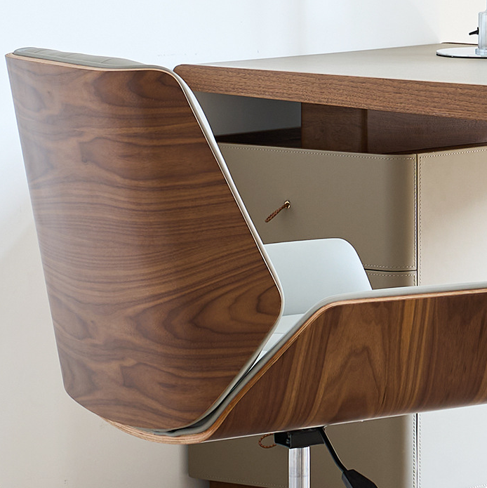Contemporary Nordic Swivel Leather Wood Steel Square Desk Chair With Armrest And Backrest For Home Office Or Study